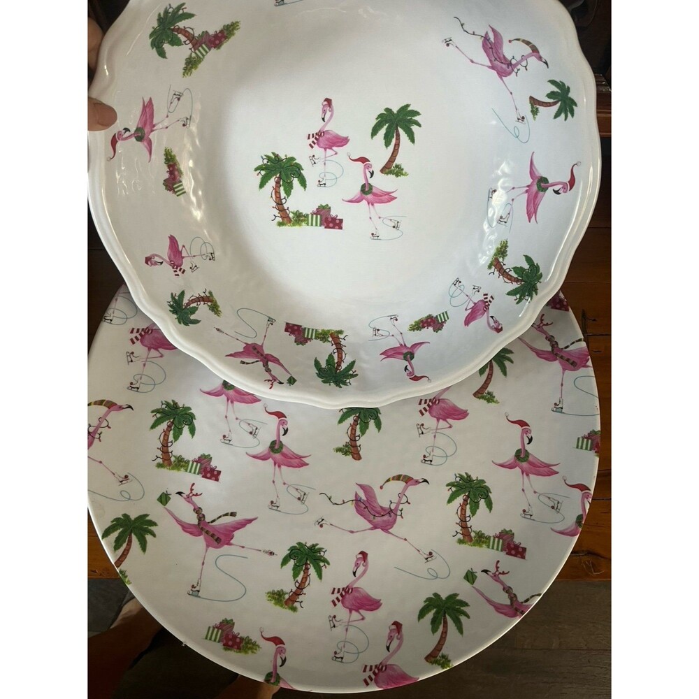 Home Flamingos Christmas Palm Trees Round Melamine Serving
Platter and Bowl